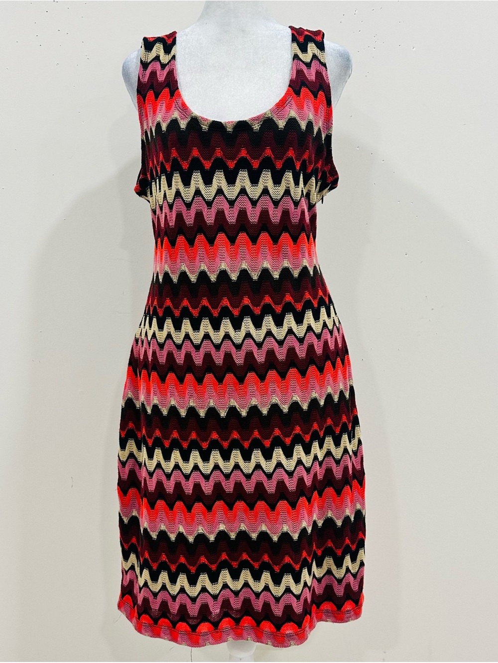 Calvin Klein Red Burgundy Cream Pink Zig Zag Knit Sleeveless Dress‎ Size 14